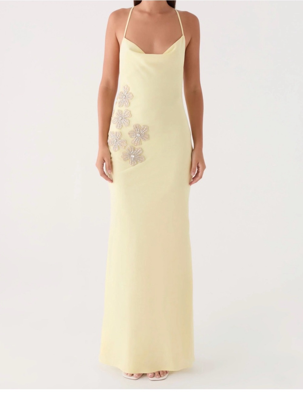 Peppermayo Pale Yellow Beaded Floral Slip Maxi Dress